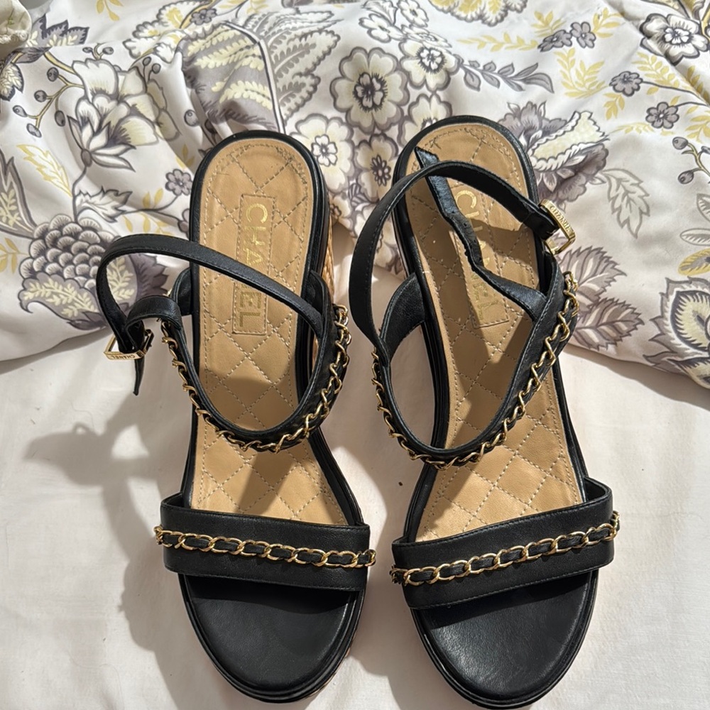 Chanel Black Sandals with Gold Chain